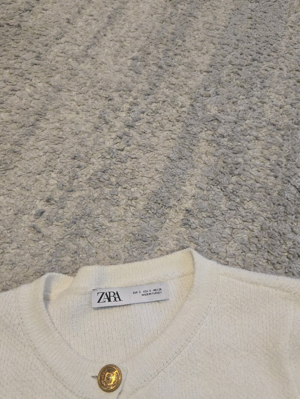 ZARA Cream Knit Cardigan Sweater Gold Crest Buttons Textured Cream Ivory Women's - Picture 3 of 8